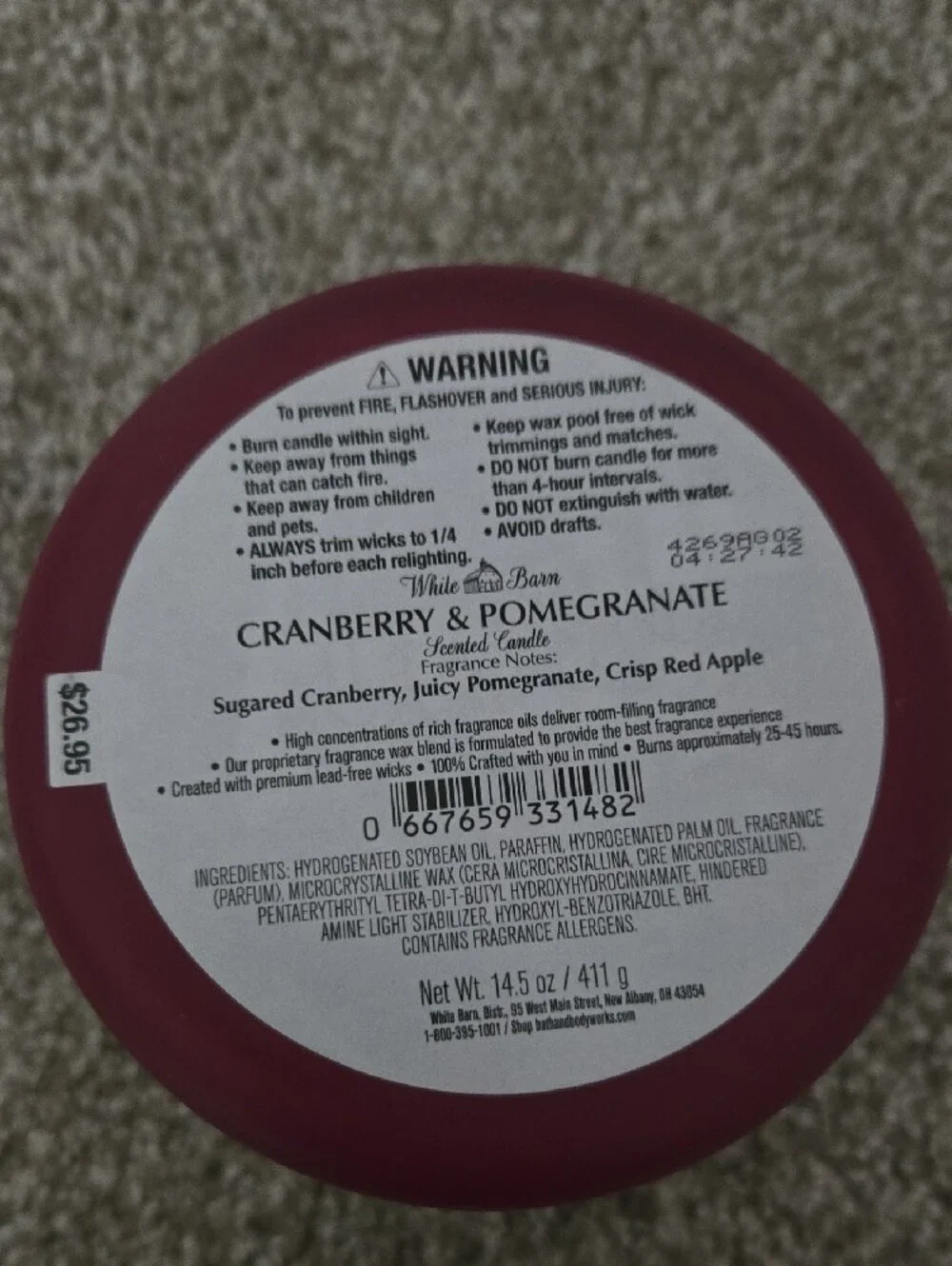 White Barn Cranberry & Pomegranate Jar Candle - Berry Red with Cream Lid - Picture 3 of 3